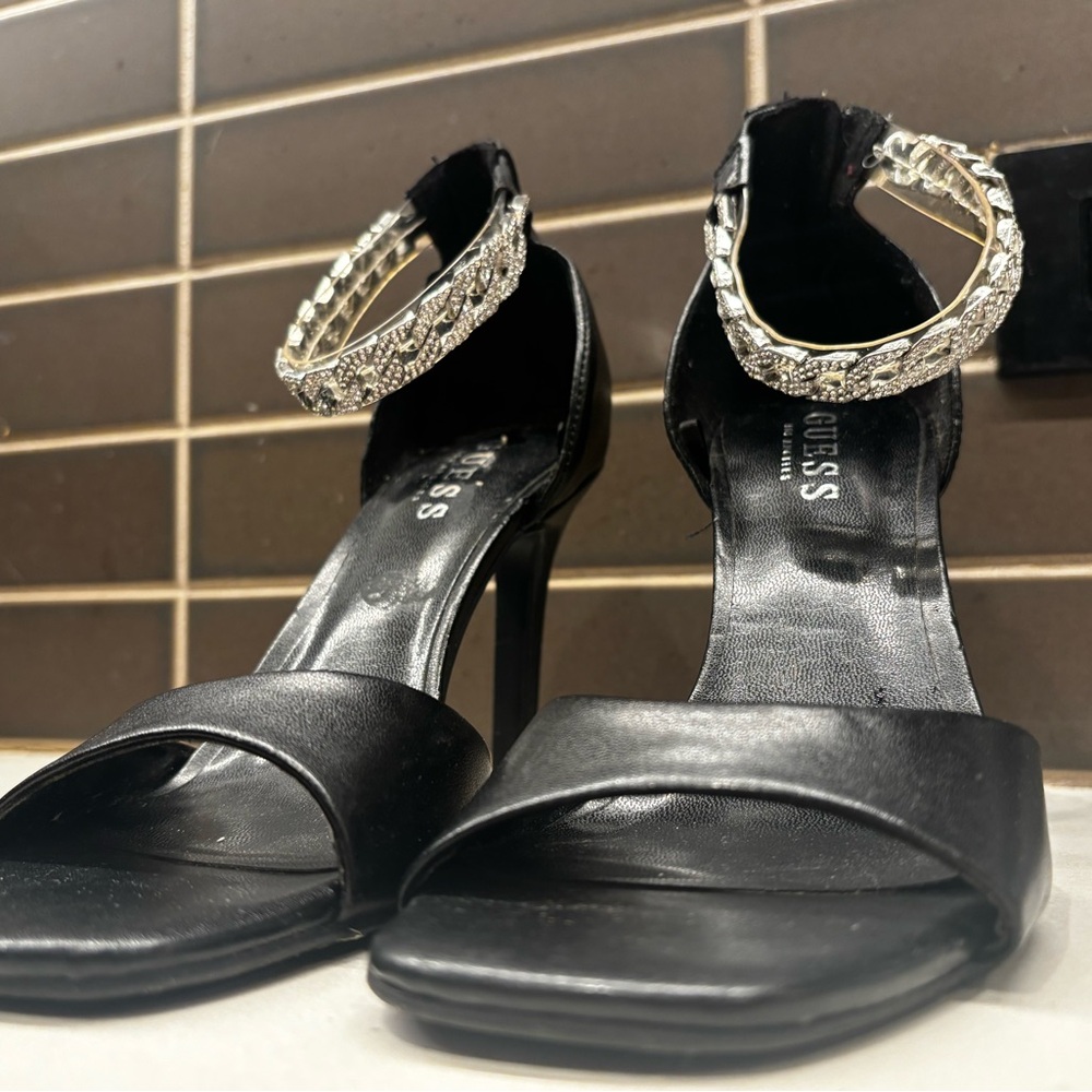 Guess Black Rhinestone Ankle Strap Heels | Stiletto Evening Sandals